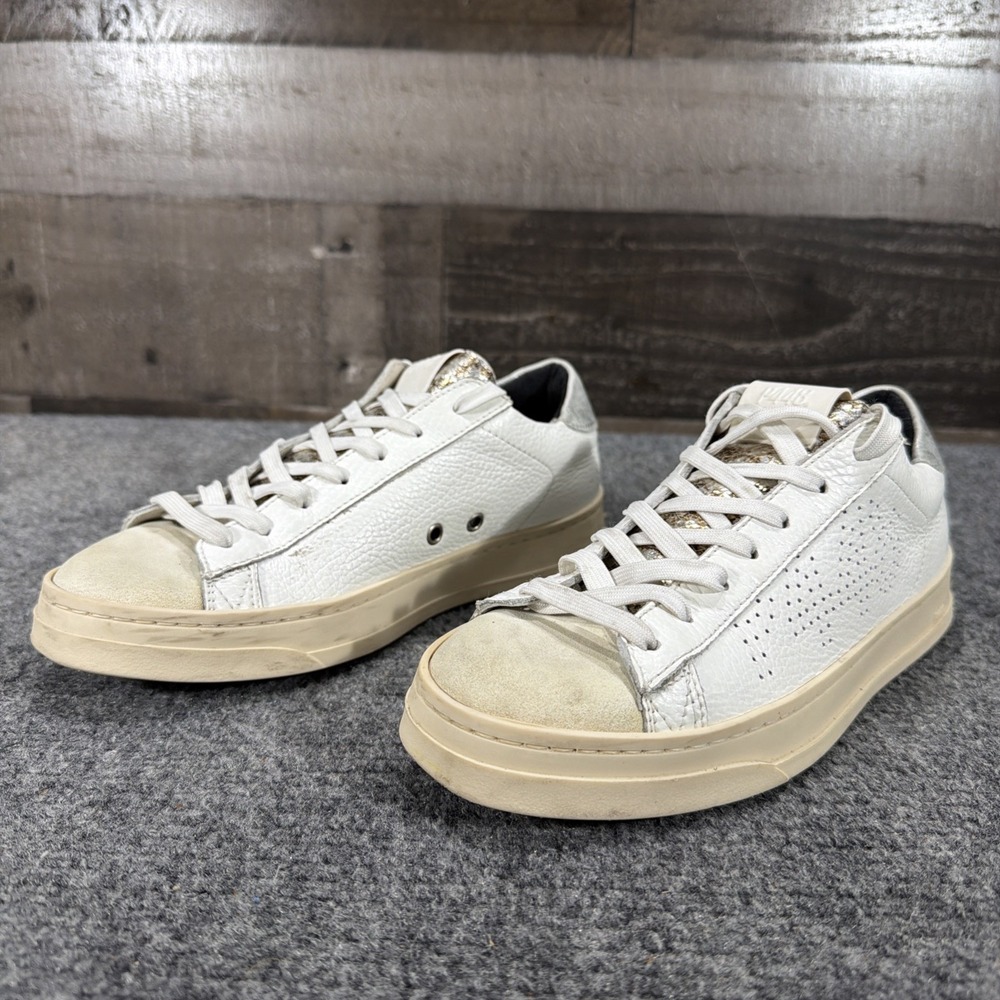 P448 John Womens White Leather Low Top Sneakers Metallic Silver Heel EU 37 US 7